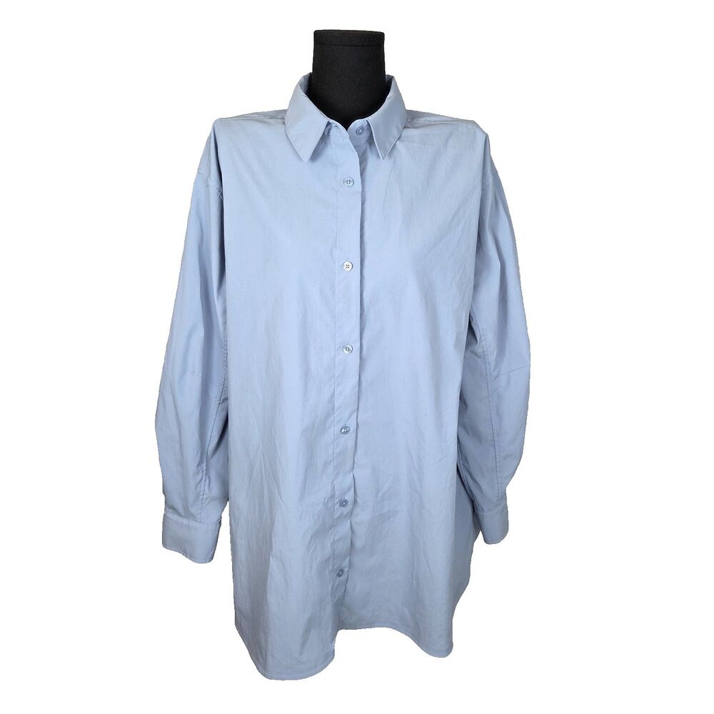 Athleta Midday Oversized Performance Poplin Button Down Shirt Heron Blue Large